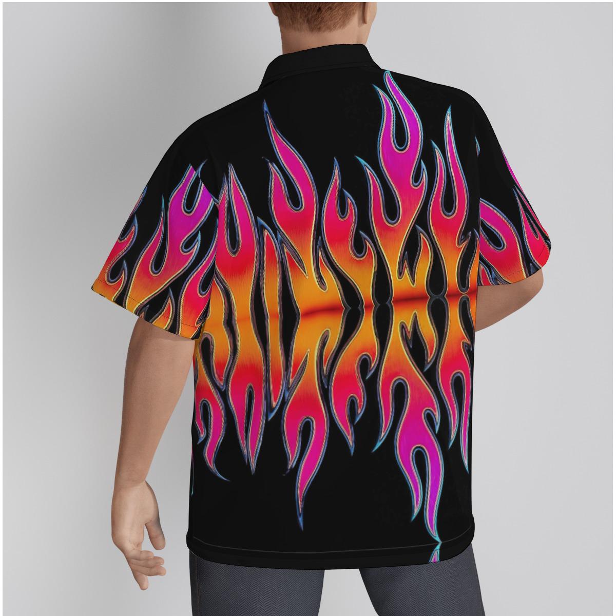 Biker Flames Cotton Shirt , Button up Short Sleeve Hot Rod Graphic