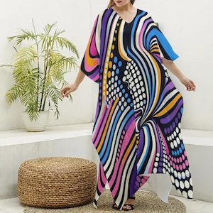 Op Art Lady Face Kaftan, sukienka maxi kaftan, szlafrok kimono, długa tunika, suknia festiwalowa, boho cover up, odzież wypoczynkowa, sukienka typu statement