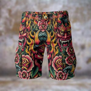 Kabuki Mask Mens Cargo Shorts Demon Devil Casual Walking Travel Statement Streetwear Flames Resort Showstopper Activewear, Gift for Him