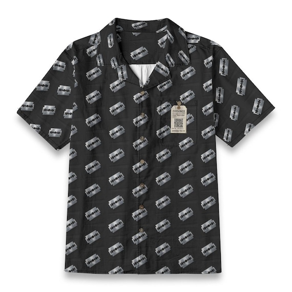 Damaged Youth Cotton Shirt Button Up Collared Short Sleeve Handmade Oxford Pocket, Punk Rock Pocket Retro Rockabilly Gift, Black Silver
