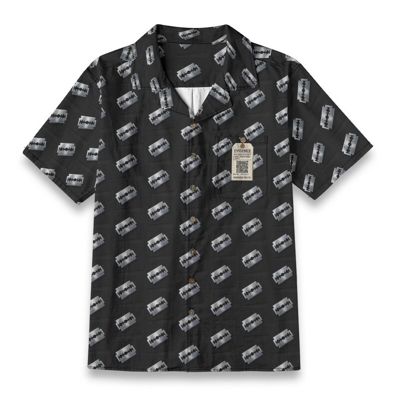 Damaged Youth Cotton Shirt Button Up Collared Short Sleeve Handmade Oxford Pocket, Punk Rock Pocket Retro Rockabilly Gift, Black Silver image 1