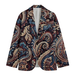 Könnte beinhalten: Ein Blazer mit Paisley-Muster in Blautönen, Gold und Rot.