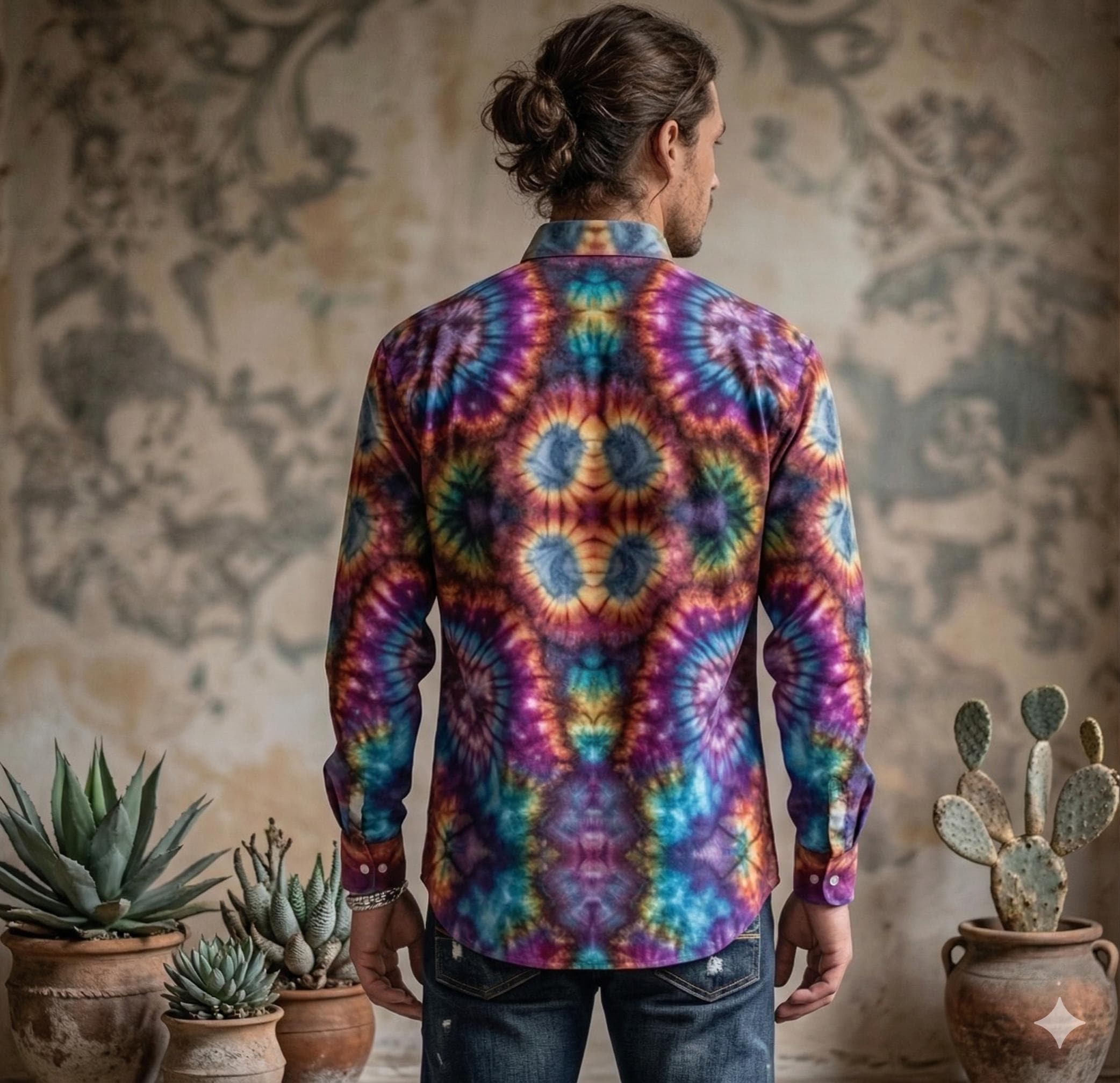 Psychedelic Tie Dye Mens Cotton Shirt, Long Sleeve Button Up Oxford Mans Dress Shirt Geode Trippy Hippie Mans Rave Festival