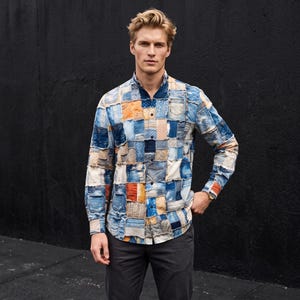 Blue Patchwork Denim 3d Print Cotton Shirt, Long Sleeve Button Up Oxford Mans Dress Shirt, Distressed