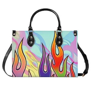 Bolso de mano de cuero de lujo con llamas psicodélicas, cartera con asa superior, bolso estilo rockero, bolso de mano de cuero genuino, bolso de hombro de alta costura, Hot Rod Fire