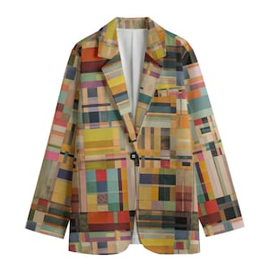 Geometric Abstract Blazer Cotton Suit Bohemian Jacket Office Work Casual, Tall Women, Academia Minimalism Art, Patchwork Plaid, Fall Couture