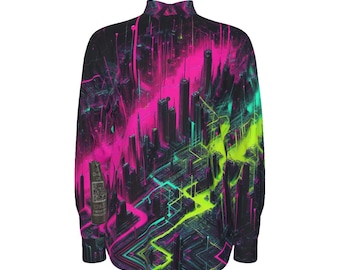 Cyberpunk Neon Punk Rock Mens Dress Shirt Cotton Button Down Oxford Long Sleeve Gift for Man,Streetwear Handmade Damaged Youth Interactive