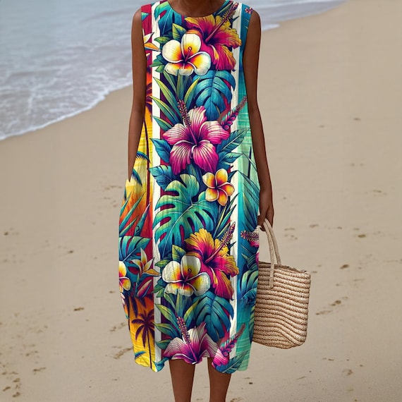 Festive Hawaiian Floral Cotton Slub Dress Aloha Sleeveless Maxi Shift Summer Breezy Natural Fiber Slightly Sheer, Beach Resort Travel Yacht
