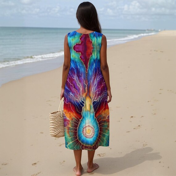 Geode Tie Dye Cotton Slub Dress Sleeveless Shift Summer Breezy Natural Fiber Tied Dyed Beach Resort Travel Vibrant Festival, Burning Man