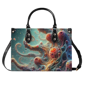 Bolso de mano de piel de pulpo, cartera con asa superior psicodélica fractal, monedero de grano superior, bolso de mano de piel auténtica, bolso de hombro de alta costura de lujo