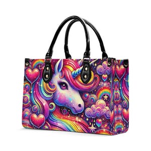Bolso de mano de cuero de lujo con diseño de unicornio, cartera con asa superior, bolso de mano de cuero genuino, bolso de hombro de alta costura, arcoíris brillante