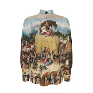May include: A long-sleeved button-down shirt featuring a detailed print of a historical painting. The artwork depicts a crowded scene with figures, structures, and a variety of colors, including blues, greens, and browns. The shirt has a light blue collar and button placket.
