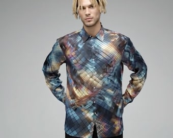 holographic dress shirt Holographic Mirror long sleeve Shirt Futuristic Glitch Vibes, Black / XS