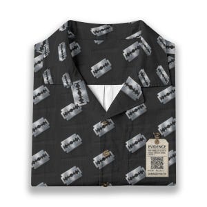 Damaged Youth Cotton Shirt Button Up Collared Short Sleeve Handmade Oxford Pocket, Punk Rock Pocket Retro Rockabilly Gift, Black Silver image 3