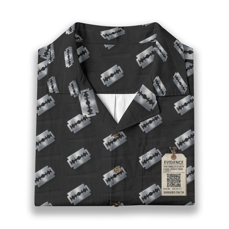 Damaged Youth Cotton Shirt Button Up Collared Short Sleeve Handmade Oxford Pocket, Punk Rock Pocket Retro Rockabilly Gift, Black Silver image 3
