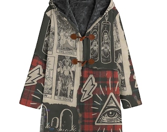 Tarot Card Baphomet Cozy Cotton Jacket Sherpa Fleece Overcoat Hooded QR Musical Cloak Coat Fur Lined Unisex Festival Streetwear Punk Rock