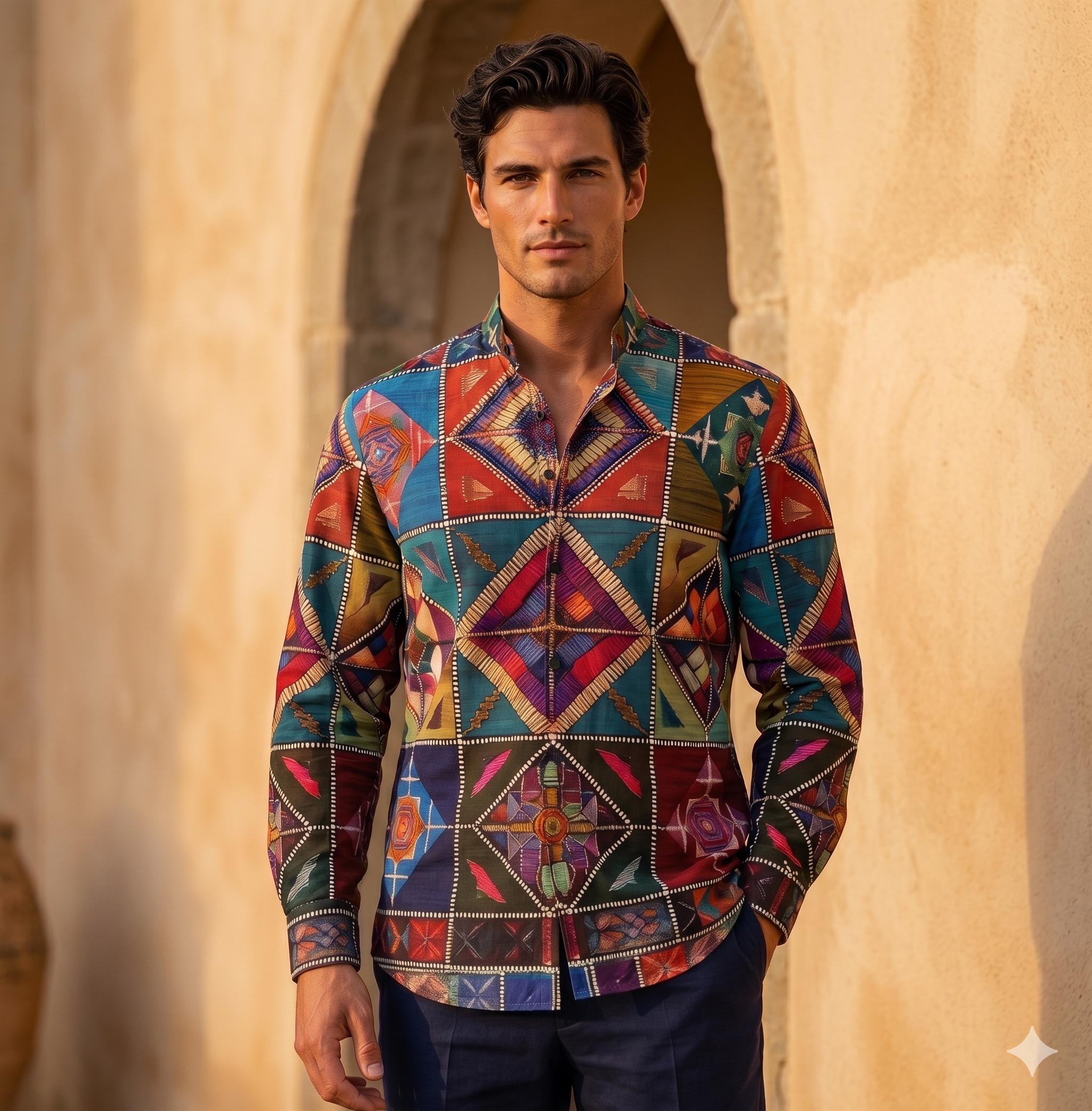 argyle dress shirt Baroque Argyle Mens Cotton Dress Shirt Button Up Oxford Long Sleeve Gift for Man, Streetwear Menswear Blue Red Bohemian Patchwork Plaid Boho