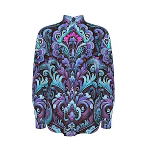 Blue Men’s Paisley Shirt, Bohemian Floral , Long Sleeve Cotton Shirt, Big Men’s Sizes, Dress Shirt Gift for Him, Casual Oxford Violet Boho