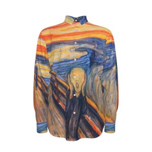 May include: Button-down long-sleeve shirt featuring a print of Edvard Munch's "The Scream." The shirt showcases the iconic artwork with vibrant colors and brushstrokes. The design includes a yellow figure with an open mouth against a swirling background.