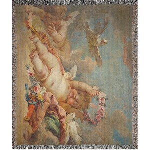 Boucher Cherub Cotton Woven Blanket, Putti Scarf Shawl Cupid Throw Cherubim Couch Cover, Home Decor Tapestry Angel Gift Art, Made in U.S.A image 7