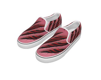 Mocasines de lona con estampado de rayas de cebra para mujer, zapatillas de deporte informales y cómodas con código QR interactivo y música punk rock.
