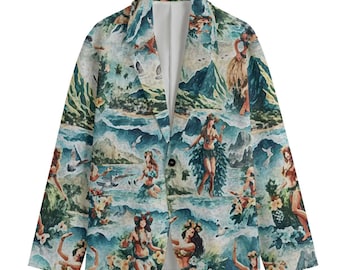Hawaiian Island Hula Girl Mens Sports Coat Blazer Suit Jacket Stage Dj  Mc Festival Haute couture Runway Showstopper Blue Vintage Tropical