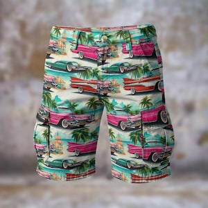 Retro Car Mens Cargo Shorts Comfort Rockabilly Aloha Walking Travel Statement Streetwear Vibrant Resort Showstopper Beach 1950s Gift for Him