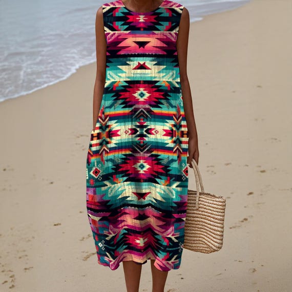 tribal beach dress NWT- White Waves, spaghetti strap, tribal resort beach wear dress w pockets