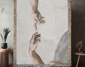 Hands The Creation of Adam Cotton Woven Blanket, Michelangelo Throw Couch Cover  Shawl, Renaissance Decor Tapestry Art, Made in U.S.A Gift