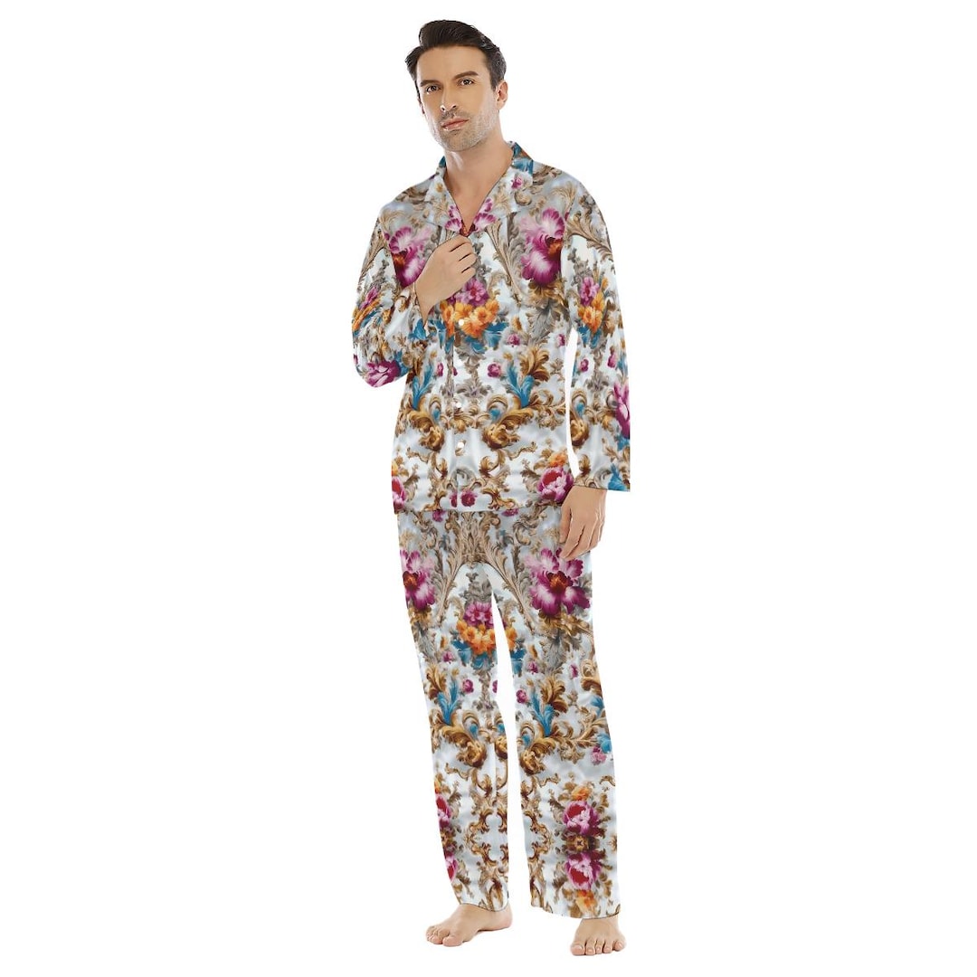 Baroque Floral Mens Satin Pajamas Button Down Sleepwear Set Gift for ...