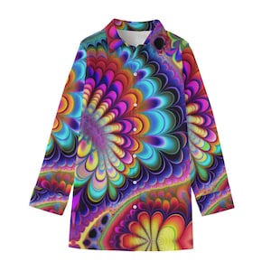 Camicia a maniche lunghe in cotone con motivo floreale psichedelico, camicetta couture, camicia con bottoni, tunica lunga da donna, regalo festival shacket Trippy Fractal