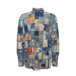 May include: A long-sleeved shirt with a patchwork design made from different shades of blue denim. The shirt has a button-up collar and a button-down front.