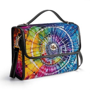Cartera de piel auténtica con efecto tie-dye, cartera de piel psicodélica, bolso de mano hippie, bolso de mensajero para rave, bolso de hombro para festivales, cartera de arcoíris