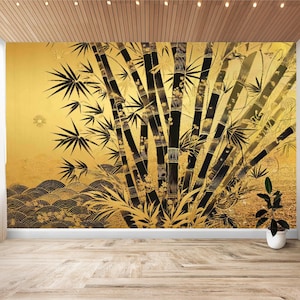 Gold Bamboo Wallpaper Peel and Stick, Vinyl Wall Mural, Art Statement, DIY Home Decor, PVC Sticker, Chinoise Golden Contemporary Living Room