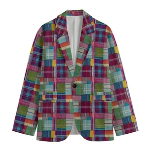 Pink Madras Patchwork Plaid Mens Sports Coat Blazer Suit Jacket Blue Country Club Preppy Checkerboard Windowpane Tartan Gift Academia Bright