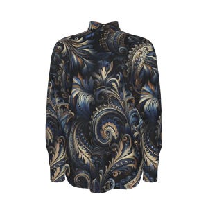 Blue Black Men’s Paisley Shirt, Bohemian Floral Shirt, Long Sleeve Cotton Shirt, Big Men’s Sizes, Dress Shirt Gift for Him, Casual Oxford.