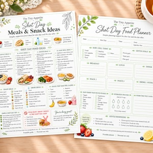 Pode incluir: Duas folhas impressas intituladas The Tiny Appetite Shot Day Meals & Snack Ideas e Shot Day Food Planner. Os documentos apresentam ilustrações de folhas verdes, sugestões de refeições, rastreadores de hidratação e caixas de seleção para planeamento.