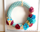Wrapped Aztec Wreath Wreath in Teal, Burgundy Red and Brown with plush owl and flower embellishments