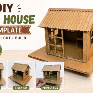 Puede incluir: Una plantilla de mini casa DIY hecha de cartón corrugado con techo a dos aguas, frente abierto y ventanas laterales. El texto dice DIY MINI HOUSE TEMPLATE, PRINT CUT BUILD, EASY TO MAKE, INSTANT DOWNLOAD y PERFECT SIZE.