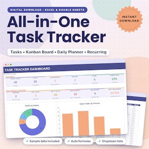 May include: A digital task tracker dashboard for Excel and Google Sheets featuring a task summary, progress metrics, a donut chart for status, and a bar chart for priority. Text includes All-in-One Task Tracker, Tasks, Kanban Board, Daily Planner, Recurring.