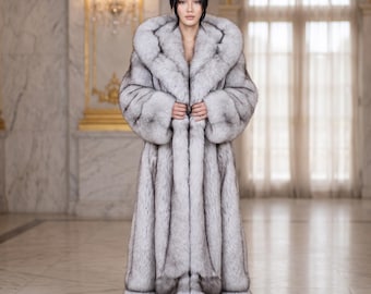 Luxury White Fur Coat with Black Tips, Oversized Hooded Winter Jacket (Christmas Gift)