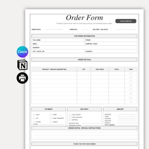 Peut inclure: Un formulaire de commande imprimable blanc avec du texte et des lignes noirs. Le document comprend des sections pour les informations client, les détails de la commande, les paiements, la livraison et les totaux, avec le titre Order Form.