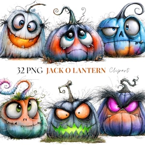 Puede incluir: Una colección de seis ilustraciones digitales que muestran calabazas de Halloween con rostros expresivos, colores variados y texturas caprichosas. El texto 32 PNG JACK O LANTERN Clipart está centrado entre las dos filas de personajes.