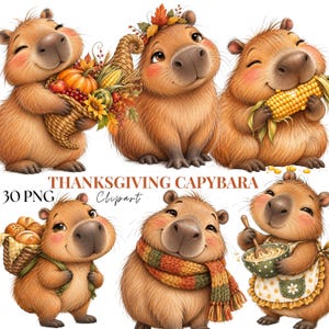 May include: A collection of six illustrations featuring brown capybaras in various Thanksgiving-themed poses, including holding a cornucopia, eating corn, carrying a basket of bread, wearing a scarf, and stirring a bowl, with the text THANKSGIVING CAPYBARA 30 PNG Clipart.