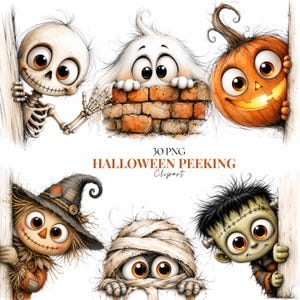 Può includere: Una collezione di sei illustrazioni a tema Halloween che ritraggono uno scheletro, un fantasma dietro un muro di mattoni, una zucca, uno spaventapasseri, una mummia e un mostro verde che sbucano. Testo 30 PNG HALLOWEEN PEEKING Clipart.