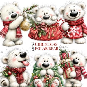 Puede incluir: Una colección de cinco ilustraciones de osos polares blancos con motivos navideños. Los osos visten suéteres y bufandas de punto rojo y verde, sosteniendo adornos dorados, bastones de caramelo y regalos. Texto: 30 PNG CHRISTMAS POLAR BEAR.