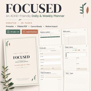 Op de afbeelding: Een digitale planner getiteld FOCUSED, een ADHD-vriendelijke dag- en weekplanner met 26 ongedateerde pagina's. De set bevat printbare, invulbare PDF-, Canva- en Notion-importopties in de formaten US Letter en A4 met diverse lay-out sjablonen.