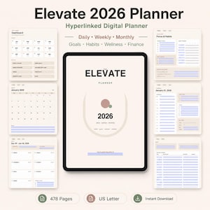 May include: A digital planner titled Elevate 2026 Planner displayed on a tablet screen, surrounded by six smaller preview pages showing dashboard, monthly, weekly, and daily layouts with sections for goals, habits, wellness, and finance tracking.