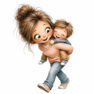 20 Mom and Son Clipart Watercolor Mother Baby Boy PNG JPG Whimsical Mommy and Me Illustrations Sublimation Junk Journal Paper Craft