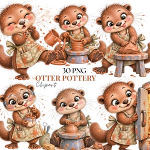 May include: A collection of digital illustrations featuring brown otters wearing floral aprons while engaged in pottery activities, including using a potter's wheel, sculpting clay, and holding tools, with the text 30 PNG OTTER POTTERY Clipart.